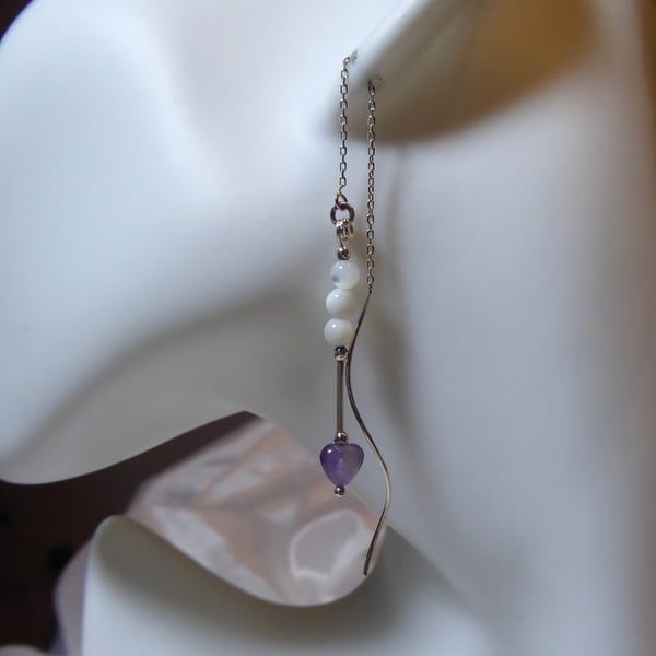 Cupid's Arrow Sterling Silver Threader Earrings with Amethyst & Mother of Pearl 