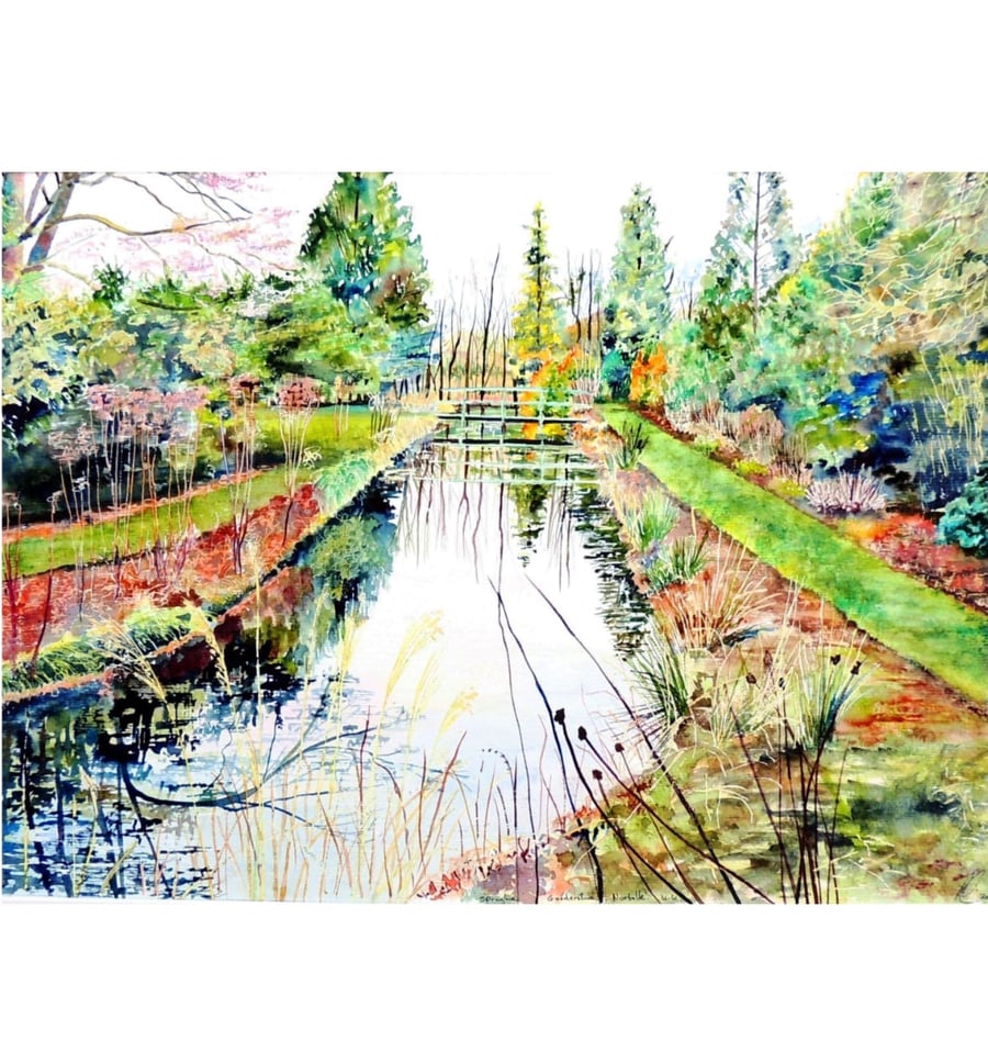 River in Summer Original Landscape Watercolour Painting.Colourful Fine Art Scene