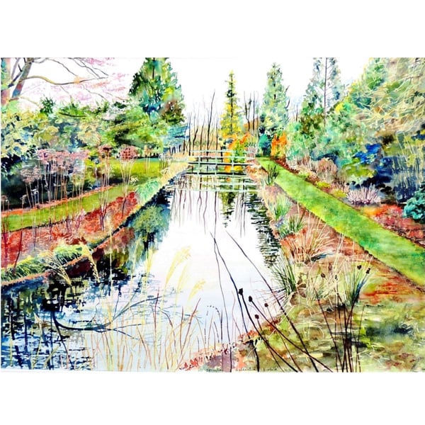 River in Summer Original Landscape Watercolour Painting.Colourful Fine Art Scene