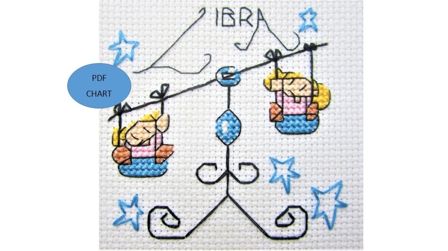 Libra cross stitch star sign zodiac theme small Instant Download PDF chart