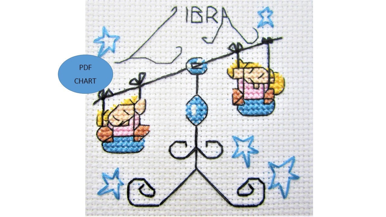 Libra cross stitch star sign zodiac theme small Instant Download PDF chart