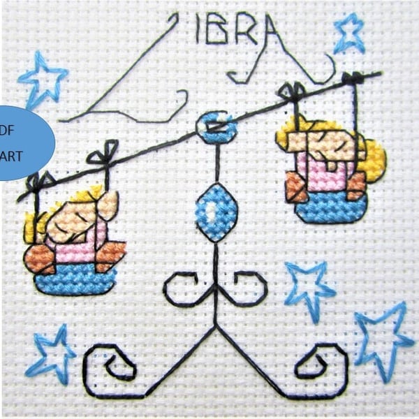Libra cross stitch star sign zodiac theme small Instant Download PDF chart