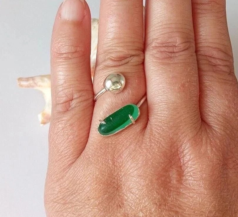 Green Seaham Multi Seaglass Adjustable Ring Handmade Sterling Silver