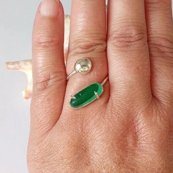 Green Seaham Multi Seaglass Adjustable Ring Handmade Sterling Silver