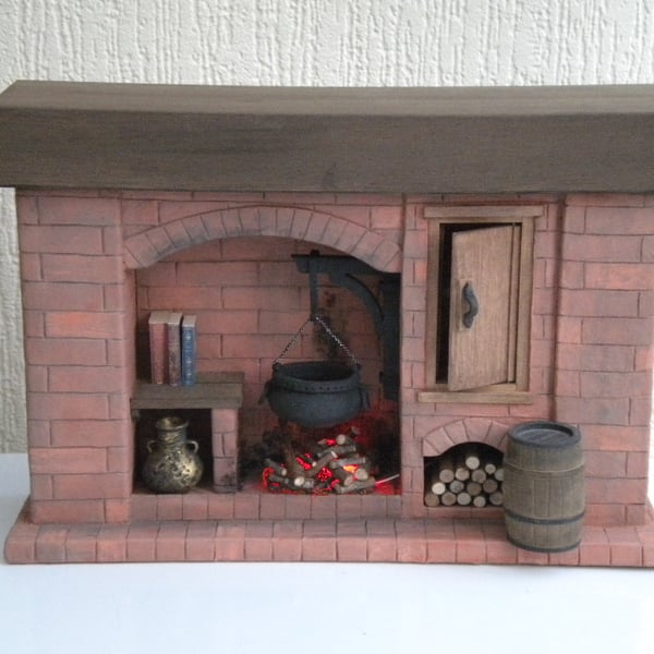1:12th Dolls House Red Brick Fireplace Tudor Medieval Colonial Walk In Style