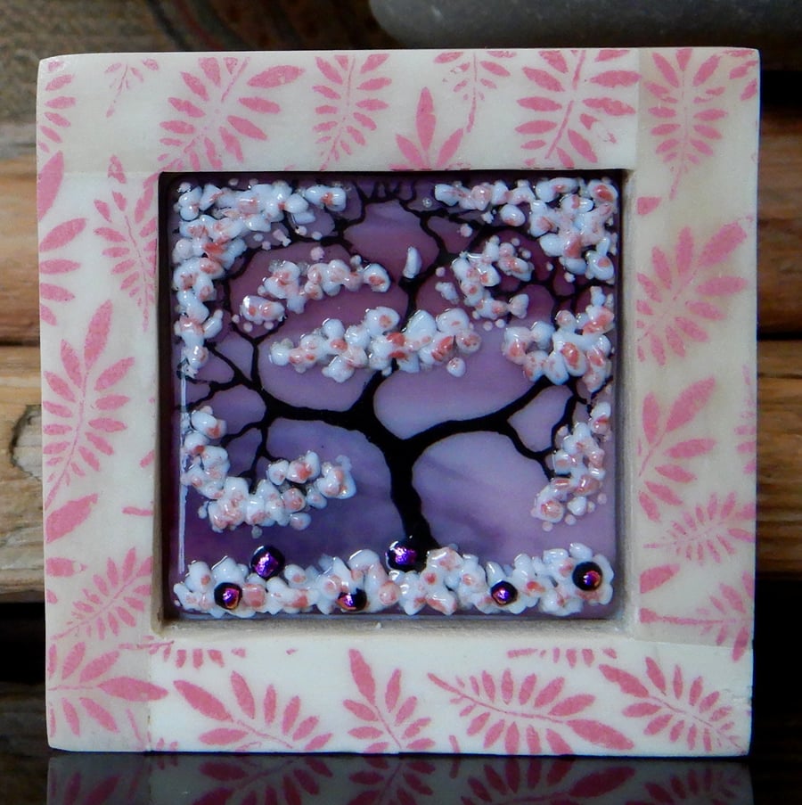 Handmade Fused Glass 'Cherry Blossom' framed picture.