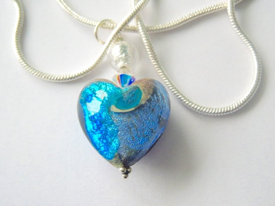 Murano glass blue heart pendant with Swarovski crystal and sterling silver.