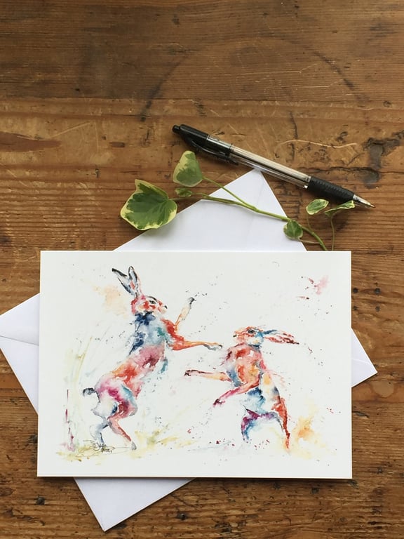 Boxing Hares Card, Hare Greetings Card, Hare Art, Wildlife Art, Greeting Card, 