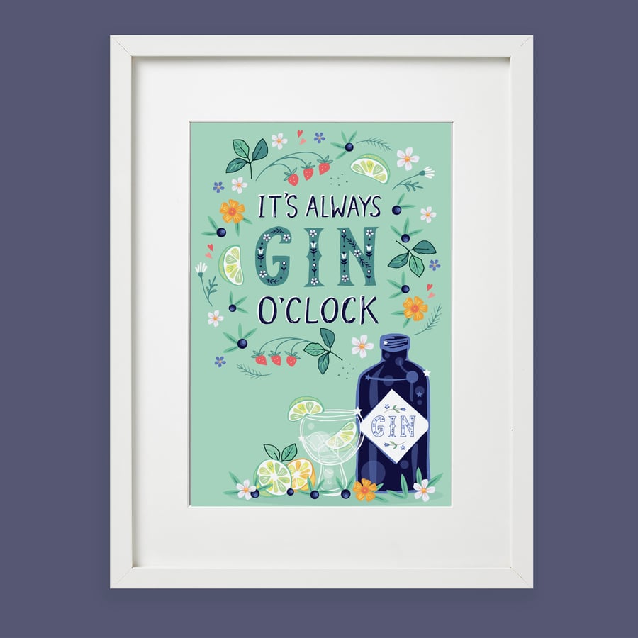 Gin O'Clock Wall Art Print, Gift for a Gin Lover