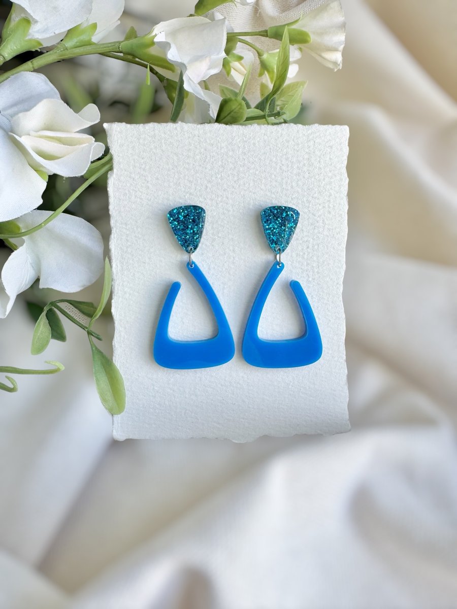 Blue Acrylic Trapezoid Hoop Earrings - Teal Glitter Stud Dangles