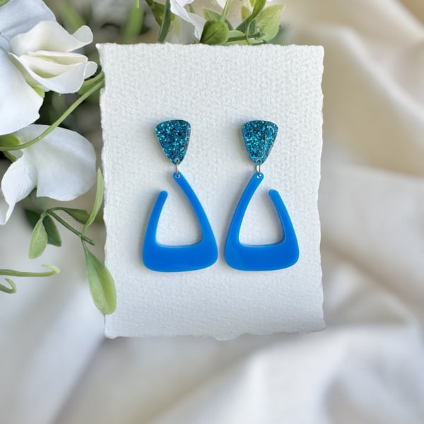 Blue Acrylic Trapezoid Hoop Earrings - Teal Glitter Stud Dangles