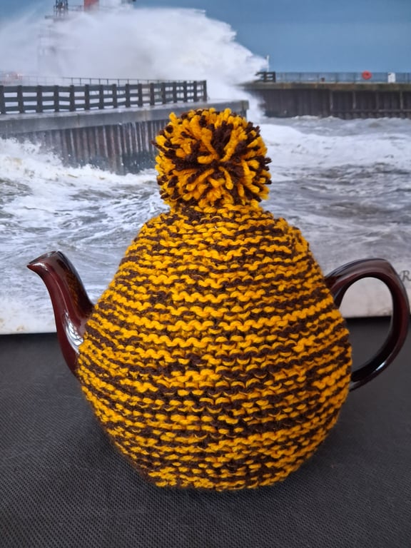 Brown And Yellow Hand Knitted Tea Cosy (A153)