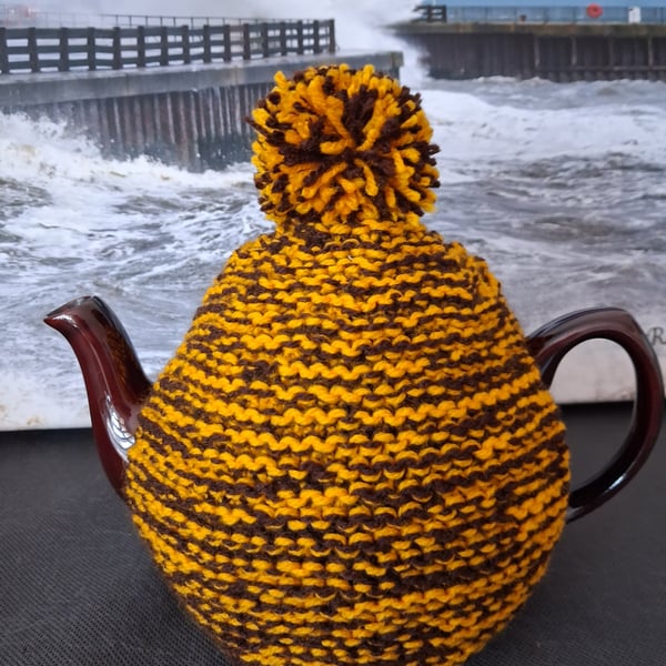 Brown And Yellow Hand Knitted Tea Cosy (A153)