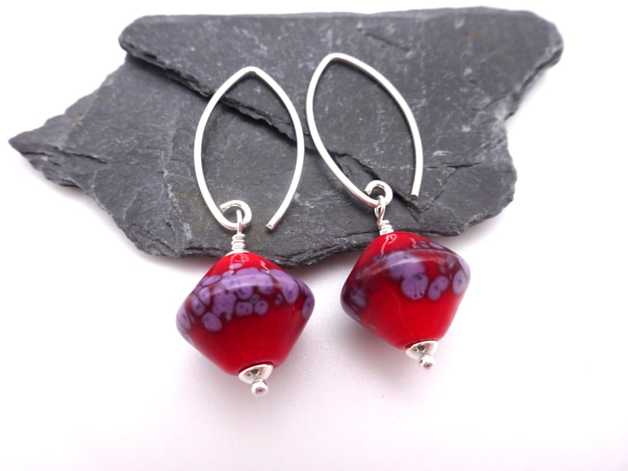 Lampwork glass earrings, red and purple