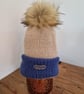 Beige and Royal Blue Ladies' Knitted Bobble Hat - Handmade with Faux Fur Pom Pom - Image 4