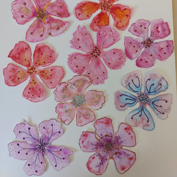 9 Hand Painted Flowers Card Making Junk Journaling Scrapbooking Collage