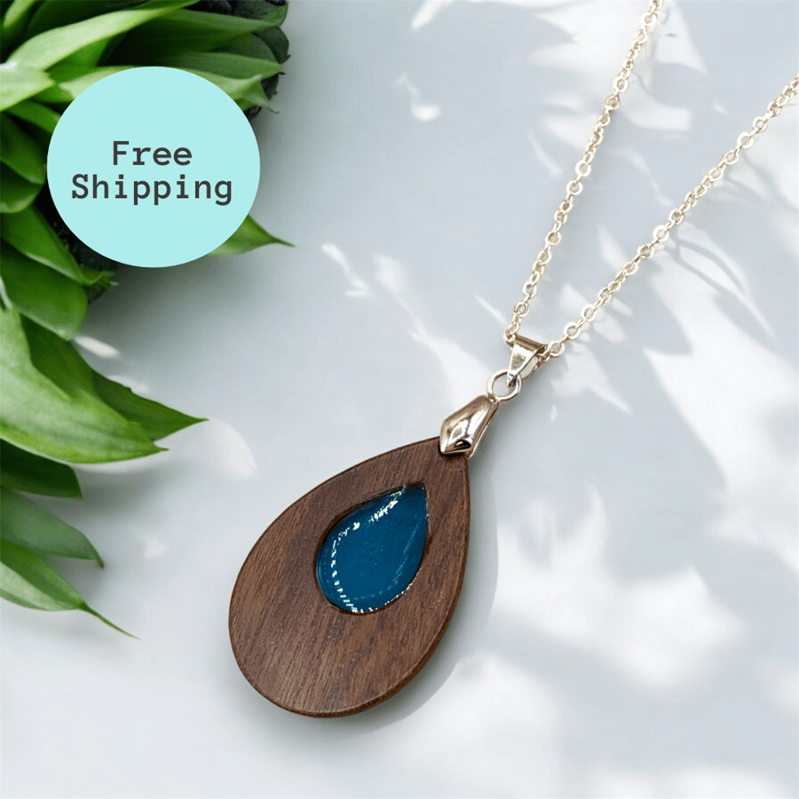 Handcrafted Blue Resin Walnut Pendant - Minimalist Design with Silver Chain