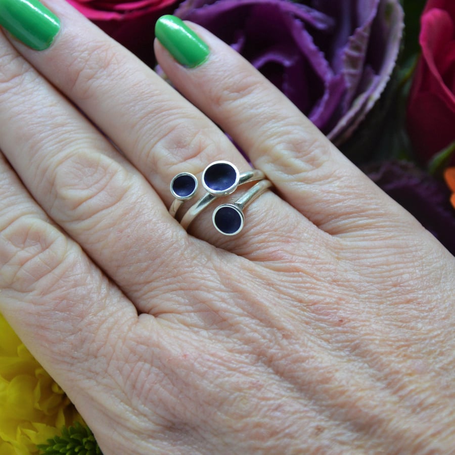 Sterling silver and deep purple enamel adjustable ring