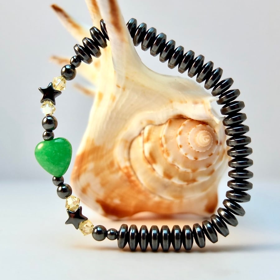 Jade Heart And Hematite Bracelet With Swarovski Crystals - Handmade In Devon