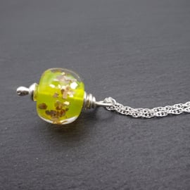 yellow and gold glitter lampwork glass pendant necklace