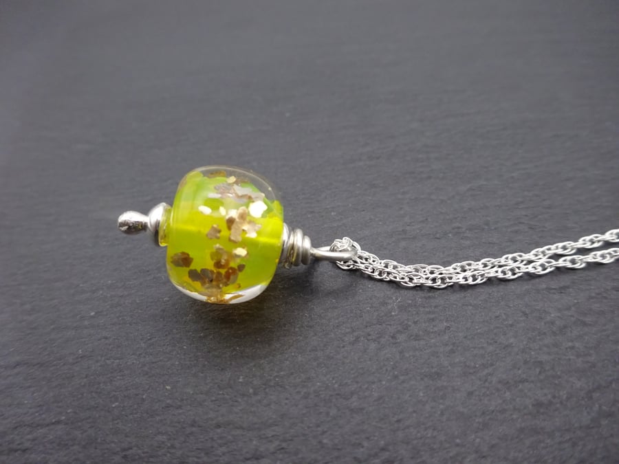 yellow and gold glitter lampwork glass pendant necklace