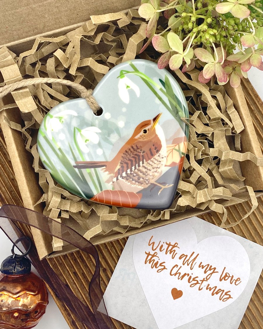 Wren with Snowdrops Heart - British Bird Christmas Decoration or Keepsake Gift