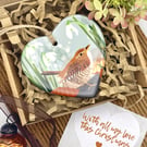 Wren with Snowdrops Heart - British Bird Christmas Decoration or Keepsake Gift