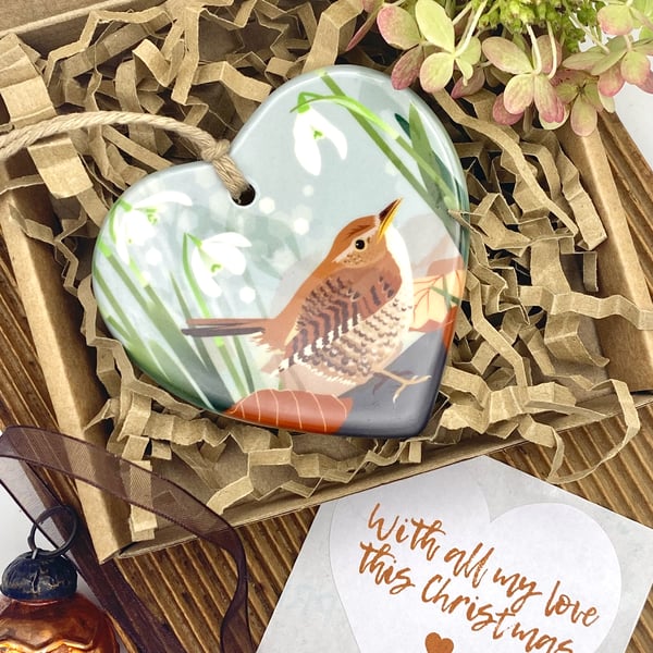 Wren with Snowdrops Heart - British Bird Christmas Decoration or Keepsake Gift