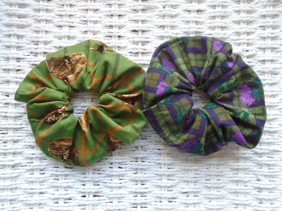 Set of 2 Scottish Themed Hair Scrunchies Highland Cows & Thistles