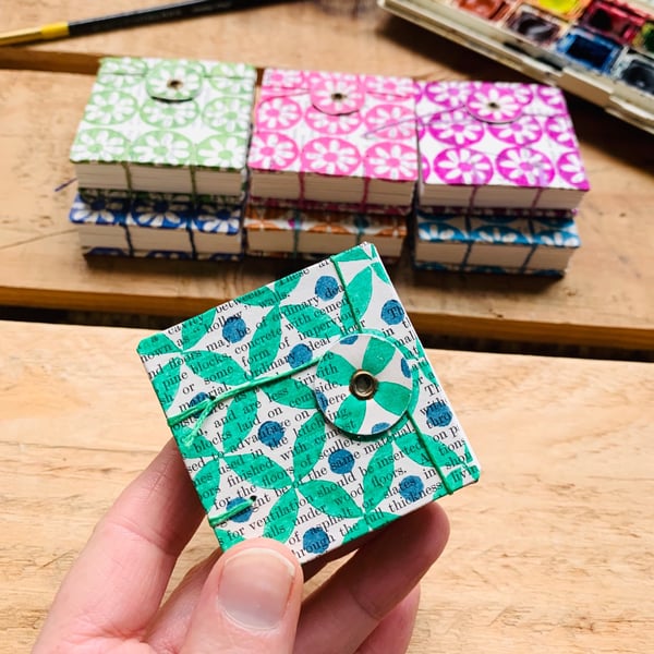 Tiny Watercolour Sketchbook with Hand-printed Geometric Cover. Emerald & Lagoon.