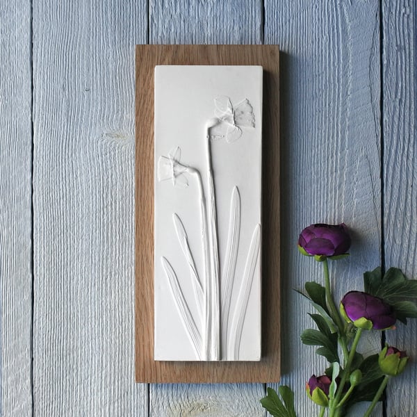 Daffodil Plaster Cast Wall Plaque on Wood, Limited Edition