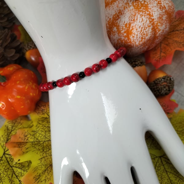Red Turquoise and black agate elasticated bracelet