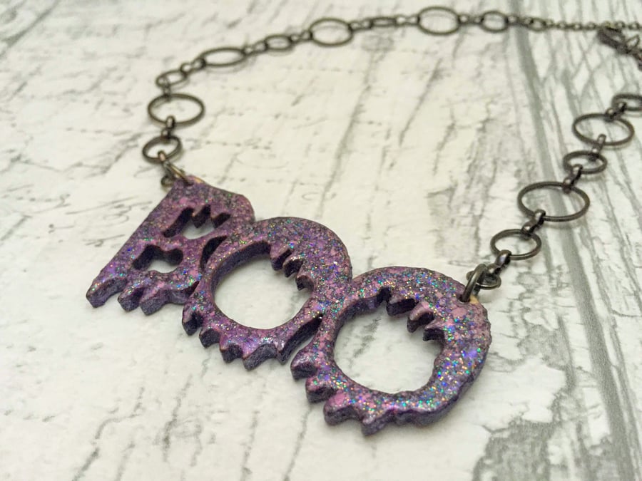 BOO Word Necklace purple sparkly Halloween