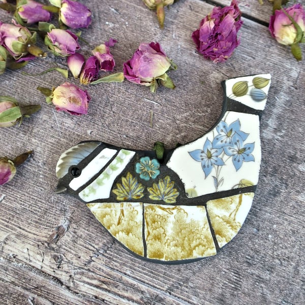 Vintage China Mosaic Bird, Handmade Wall Art with Rustic Charm