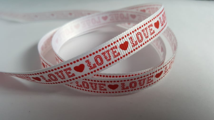 3m Ribbon - Printed Grosgrain - 9mm - Love - Red & White 