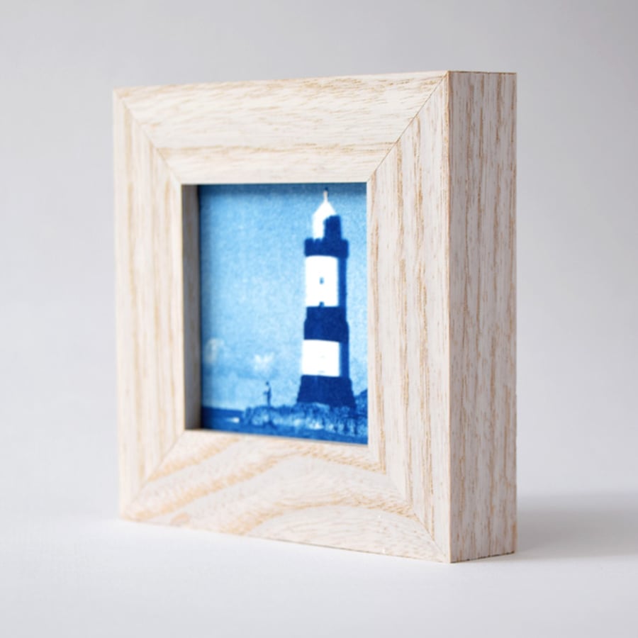 Striped lighthouse Penmon Anglesey Welsh Cyanotype in Small Wooden Frame 