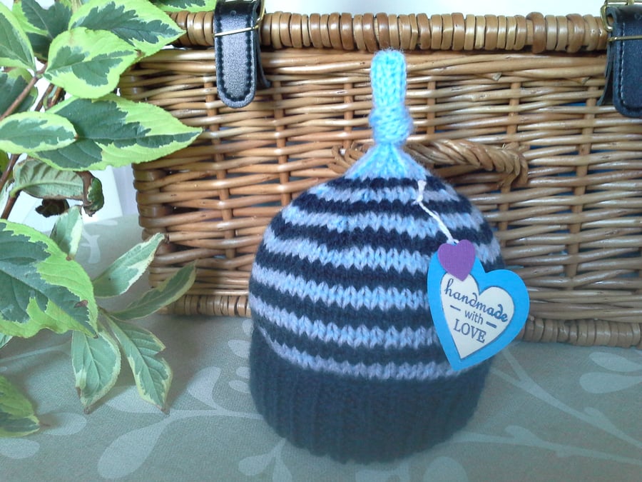 Hand Knitted Baby Boys Knotted Pixie Hat 0-6 mths size