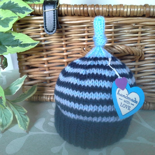 Hand Knitted Baby Boys Knotted Pixie Hat 0-6 mths size
