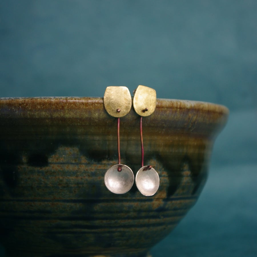  Silver Cup and  Brass  Geometric Dangle Earrings