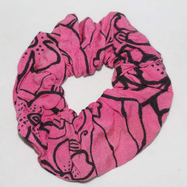 Elasticated hair scrunchie,hair tie,pink and black floral hand print.ECO gift