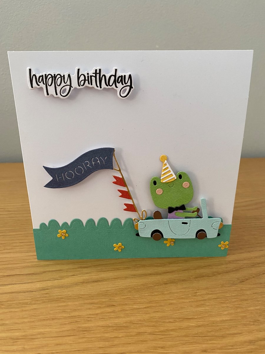 Handmade Birthday Card  Frog Off to a Party
