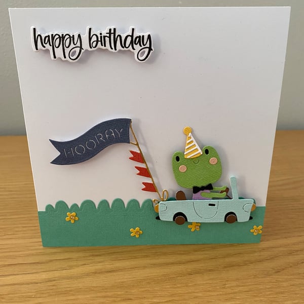 Handmade Birthday Card  Frog Off to a Party
