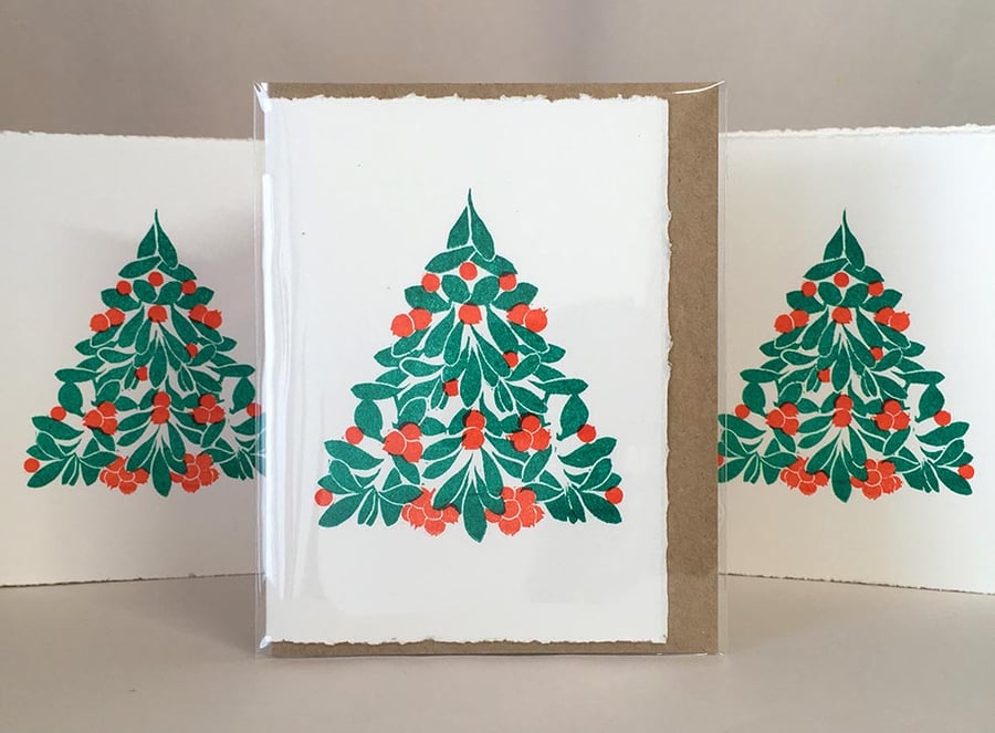 5 pack - Hand-Printed Cranberry Xmas Tri Cards