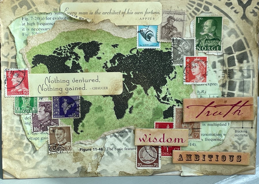 World map and stamps Father's Day or birthday card