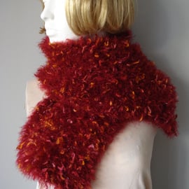 Lovely Thick Scarf In Red Sparkly Yarn With Ribbons Of Deep Pink (R875)