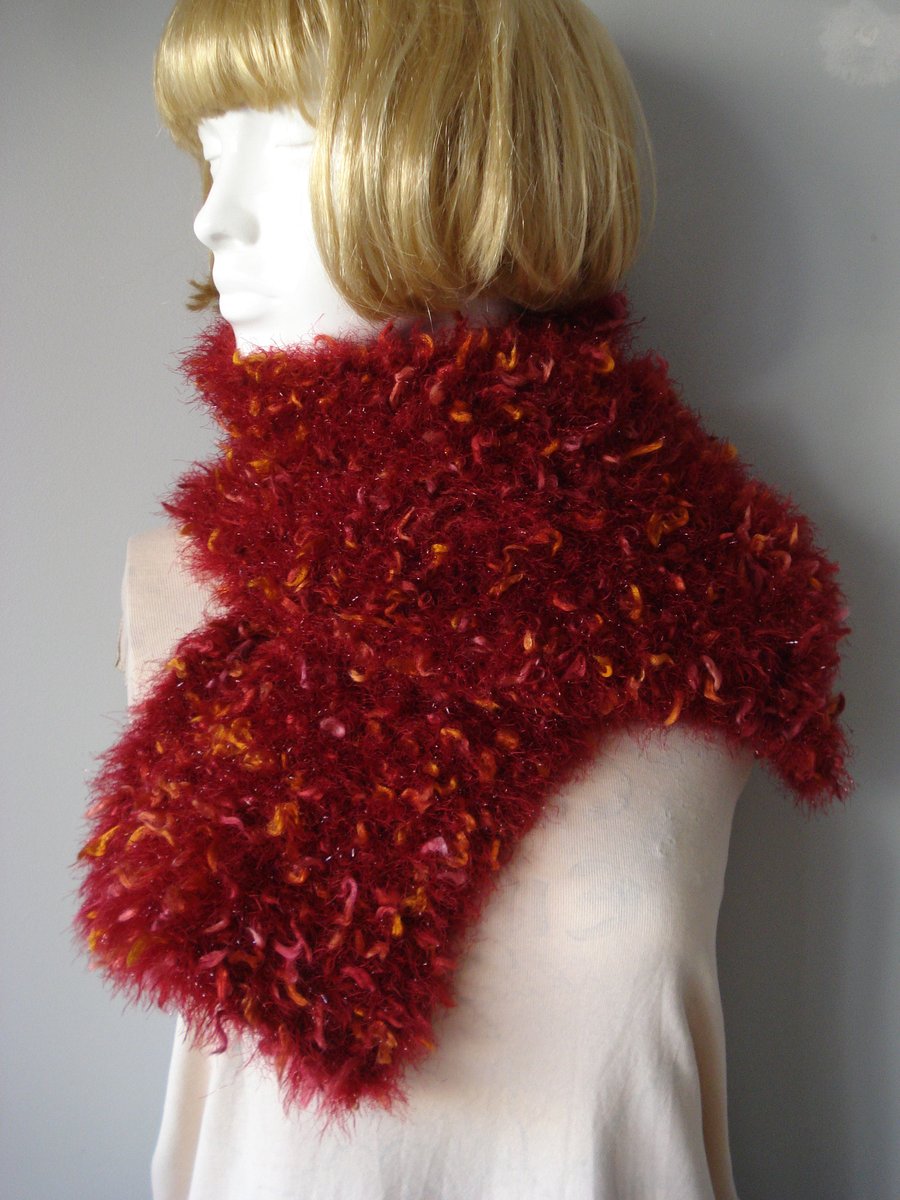 Lovely Thick Scarf In Red Sparkly Yarn With Ribbons Of Deep Pink (R875)