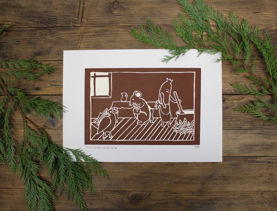 The Bird, The mouse, The sausage A3 Lino print