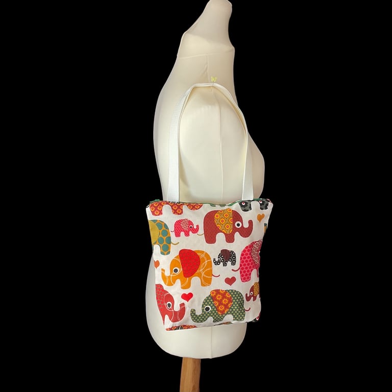 Elephant print canvas tote bag with zip closure, small cotton book purse,
