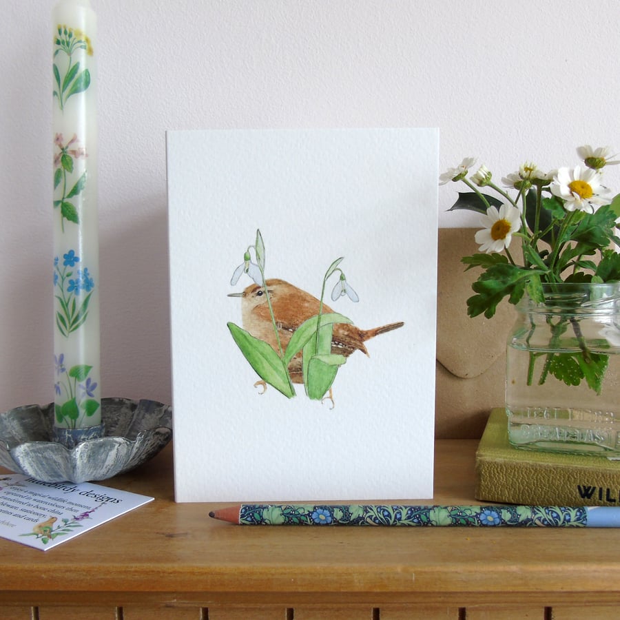 Wren and Snowdrops Greetings card