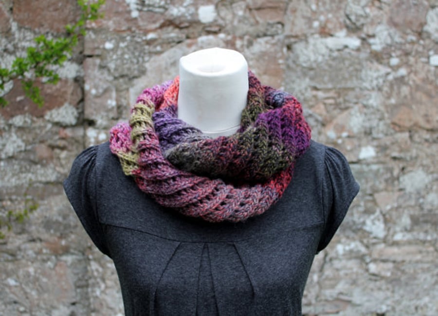 scarf knitted, womens purple scarf snood, knitwear UK, gift guide, neckwear